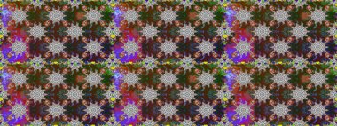 Parlak renkli fantezi çiçekleri, yapraklar, gri ve kahverengi renkli tomurcuklar, gri ve kahverengi. Çiçeksiz desenli, suluboya elle çizilmiş elementler..