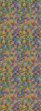 Çiçeksiz desenli, suluboya elle çizilmiş elementler. Parlak renkli fantezi çiçekleri, yapraklar, yeşil ve nötr renklerde tomurcuklar yeşil ve nötr.