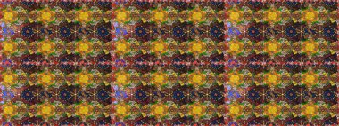 Kahverengi ve sarı renklerde. Raster illüstrasyonu. Kusursuz desen. Çiçek duvar kağıdı. Renkli süs kenarı. Hint süsü..