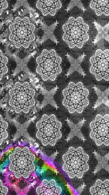 Çiçek desenli çizim. Raster illüstrasyonu. Asya tekstil tarzında. Gri renkli çiçekler. Raster illüstrasyonu.