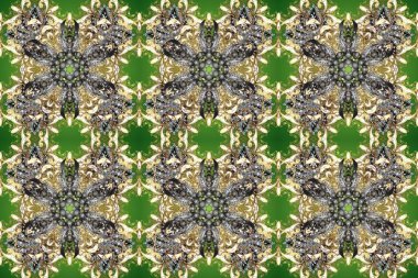 Süslü dekorasyon. Altın desenli yeşil, gri ve bej renklerde altın elementler. Lüks, kraliyet ve Viktorya dönemi konsepti. Raster klasik barok çiçeksiz altın desenli..
