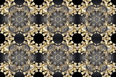 Altın rengi, kusursuz çizim. Senin tasarımın için, duvar kağıdı. Gri, kahverengi ve bej renklerde, altın çiçekli altın desenler. Raster geometrik arkaplanı.