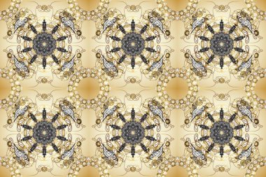 Gri, nötr ve bej renklerde altın sarısı elementler. Raster illüstrasyonu. Tekrarlayan elementlerle soyut arkaplan oluşturun. Kusursuz, klasik altın desen..