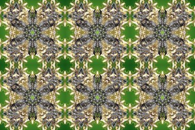 Süslü dekorasyon. Altın desenli yeşil, gri ve bej renklerde altın elementler. Lüks, kraliyet ve Viktorya dönemi konsepti. Raster klasik barok çiçeksiz altın desenli..