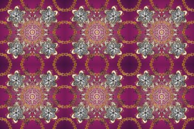 Raster altın pürüzsüz desen. Arkaplan, kumaş, altın duvar kağıdı. Düz elle çizilmiş klasik koleksiyon. Mor, kahverengi ve gri renklerdeki altın desenli altın elementler.