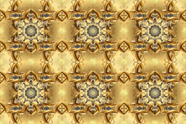 Barok tarzında altın çiçek süsü. Damask arkaplanı tekerrür ediyor. Antika altın tekrarlanabilir duvar kağıdı. Sarı, bej ve kahverengi renklerde altın element.