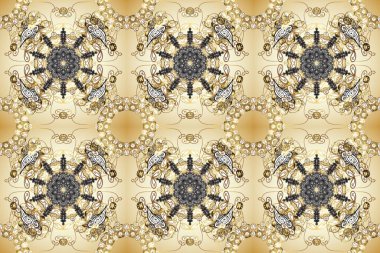 Gri, nötr ve bej renklerde altın sarısı elementler. Raster illüstrasyonu. Tekrarlayan elementlerle soyut arkaplan oluşturun. Kusursuz, klasik altın desen..