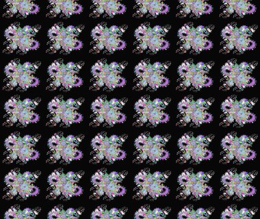 Çiçeksel elementlerle süslenmiş zarif raster dokusu. Siyah renkler ve parlak çiçekler üzerine soyut çizim deseni. Küçük çiçekte şirin bir çiçek deseni var..