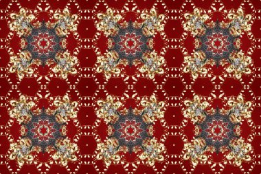 Geleneksel oryantasyon süsü. Kusursuz klasik raster altın desenli. Klasik klasik klasik arka plan. Kırmızı, kahverengi ve bej renklerde altın elementlerle kusursuz desen. Raster illüstrasyonu.