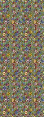 Gentle, spring floral on green and neutral colors. Raster pattern. Exploding flowers abstractly placed. Raster illustration.