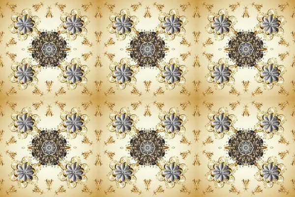 Doğu tarzı arabesk. Hassas altın deseni açın. Kusursuz altın desenli bukleler. Bej rengi üzerinde kusursuz desen, altın elementli gri renkler. Raster. Parlak dantel, stilize çiçekler, şal desenli