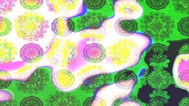 Raster Floral Illustration, Asyalı tekstil. Yeşil renkli etnik çiçeklerle zarif eskiz deseni.