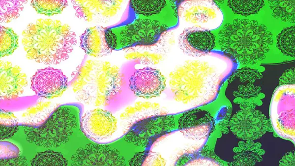 Raster Floral Illustration, Asyalı tekstil. Yeşil renkli etnik çiçeklerle zarif eskiz deseni.