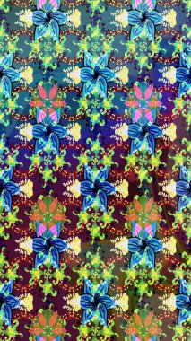 Raster Çiçek İllüstrasyonu güzel tekstil. Mavi renkli etnik çiçeklerle zarif eskiz deseni.