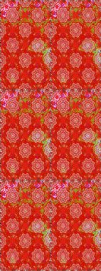 Kumaş desenli papatya çiçeği detayı. Kırmızı ve turuncu renkte çiçekler.