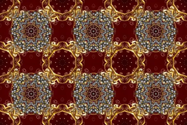 Kahverengi ve kırmızı renklerde Royal retro. Altın şablon. Kusursuz desenli altın elementler. Raster illüstrasyonu. Kart, duvar kağıdı, ambalaj ve tekstil için klasik tasarım. Çiçeksel klasik doku.