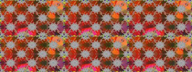 İşlemeli çiçekli, dikişsiz desen. Renkli grunge, soyut arkaplanı kolonya ve gri çiçeklerle süslüyor. İzler, kumaş, duvar kağıtları, tekstil için raster dokusu.