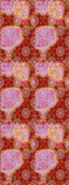 Raster - stok. Kusursuz bir arka plan modeli. Yapraklı çiçekler ve kırmızı ve pembe renklerde papatya çiçekleri..