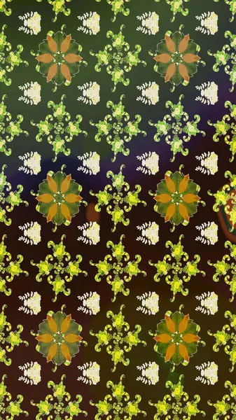 Eskiz arkaplan modeli. Yapraklı çiçekler ve yeşil renkli papatya çiçekleri. Raster - stok.