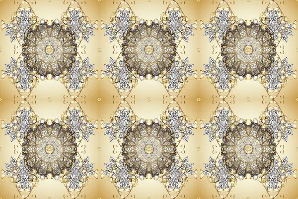 Damask altın soyut çiçek deseni bej, gri ve nötr renklerde. Raster illüstrasyonu. Süsleme.