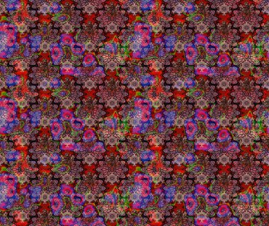 Çiçeksel elementlerle süslenmiş zarif raster dokusu. Kahverengi renkler ve parlak çiçekler üzerine soyut çizim deseni. Küçük çiçekte şirin bir çiçek deseni var..