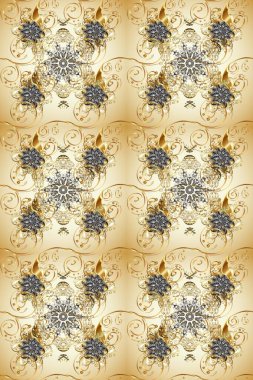 Altın antika ortaçağ dekoratifi, yapraklar ve bej, kahverengi ve nötr renklerde altın desenli süslemeleri olan pürüzsüz bir desen. Kusursuz kraliyet lüksü, altın barok kumaş rengi..