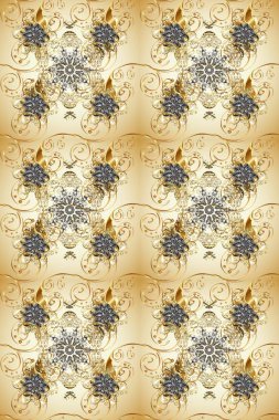 Altın antika ortaçağ dekoratifi, yapraklar ve bej, kahverengi ve nötr renklerde altın desenli süslemeleri olan pürüzsüz bir desen. Kusursuz kraliyet lüksü, altın barok kumaş rengi..