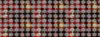 Eskiz arkaplan modeli. Yapraklı çiçekler ve papatya çiçekli siyah renkte papatyalar. Raster - stok.