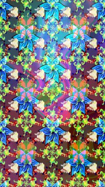 Parlak çiçekli kolaj çiçeği mavisi. Çiçek tasarımı için inanılmaz bir kolaj cenneti tarzı. Çiçekli zambaklar eskiz arka planı.