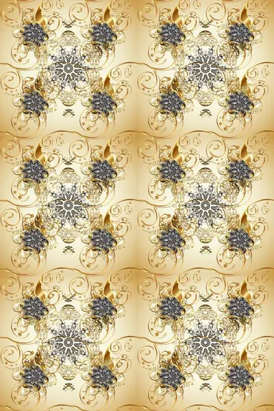 Altın antika ortaçağ dekoratifi, yapraklar ve bej, kahverengi ve nötr renklerde altın desenli süslemeleri olan pürüzsüz bir desen. Kusursuz kraliyet lüksü, altın barok kumaş rengi..