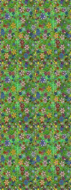 Çiçek desenli çizim. Raster illüstrasyonu. Asya tekstil tarzında. Yeşil ve kahverengi renkli çiçekler. Renkli Bahar Teması eskiz kalıbı. Düz Çiçek Elementleri Tasarımı.