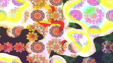 Çiçekleri, deniz kabukları, mandalaları ve suluboya efektleriyle donanma geçmişi. Yatak çarşafları, ceket, paket tasarımı, kumaş ve moda kavramları için tekstil baskısı. Çizim kalıbı etnik tasarım.