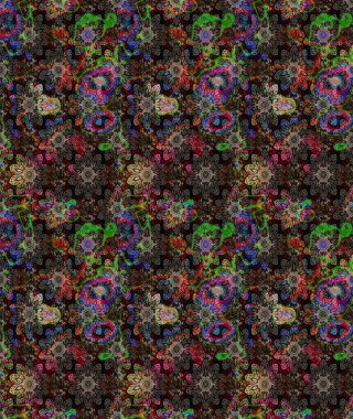 Raster Floral Illustration, Asyalı tekstil. Siyah renkli etnik çiçeklerle zarif eskiz deseni.