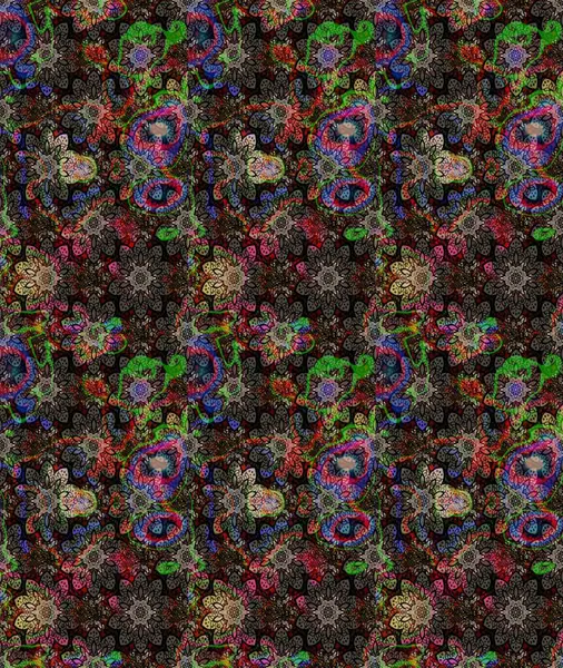 Raster Floral Illustration, Asyalı tekstil. Siyah renkli etnik çiçeklerle zarif eskiz deseni.