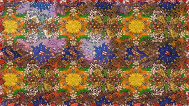 Raster illüstrasyonu. Asya tekstil tarzında. Raster illüstrasyonu. Çiçek desenli çizim. Kahverengi renkte çiçekler.