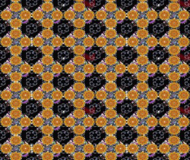 Raster illüstrasyonu. Siyah ve sarı renklerde. Çiçek buketleriyle klasik tarzda eskiz deseni.