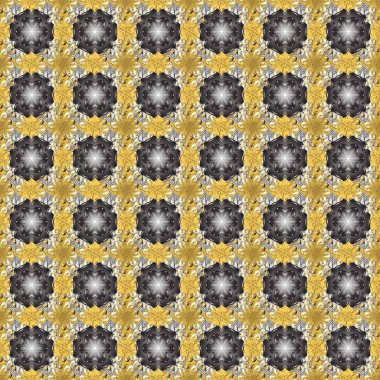 Çiçekli süslemeli, pürüzsüz bir desen. Doğu tarzında klasik tasarım öğesi. Süslü dantel iz sürücü. Gri, sarı ve bej renkli Arap dekoru. Duvar kağıdı için altın süslü illüstrasyon.