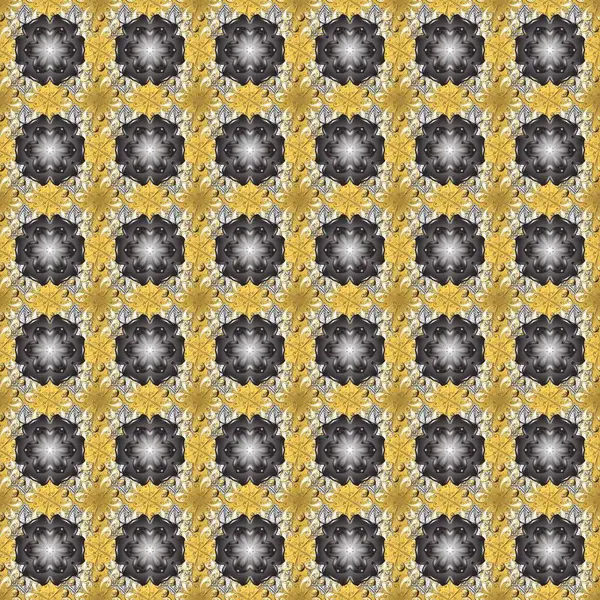 Çiçekli süslemeli, pürüzsüz bir desen. Doğu tarzında klasik tasarım öğesi. Süslü dantel iz sürücü. Gri, sarı ve bej renkli Arap dekoru. Duvar kağıdı için altın süslü illüstrasyon.