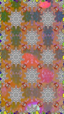 Raster Çiçek İllüstrasyonu güzel tekstil. Kahverengi renklerde etnik çiçeklerle kusursuz bir desen..