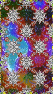 Raster illüstrasyonu. Çiçek deseni. Şatafatlı bahar bahçesi dokusu. Gri ve kahverengi renkli çiçekler. Gri ve kahverengi renklerde desensiz çiçek.