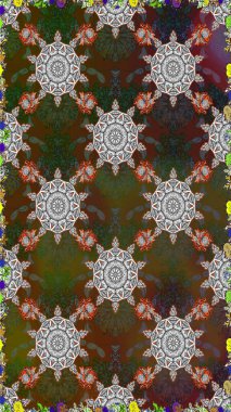 Yumuşak, bahar çiçekleri kahverengi ve gri renklerde. Raster illüstrasyonu. Yaprak ve çiçeklerin suluboya resmi, kahverengi ve gri renklerde pürüzsüz desen.