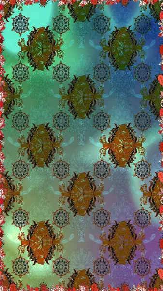 Renkli yeşil ve kahverengi desenli. Doodle tarzı. Yeşil ve kahverengi renkli çiçekler. El çizimi dikişsiz sonbahar çiçekleri deseni. Tekstil ve kapak tasarımı için mükemmel.