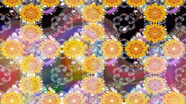 Raster Çiçek İllüstrasyonu 'nun şirin tekstili. Sarı ve bej renkte etnik çiçeklerle kusursuz bir desen..