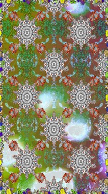 Kusursuz çiçek deseni. Raster illüstrasyonu. Kahverengi ve gri renkli Asyalı tekstil.