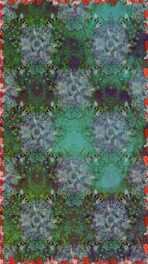 Küçük çiçekteki sevimli çiçek deseni. Bir sürü yeşil ve mavi soyut çiçekli tropik, pürüzsüz bir desen. Varyete yeşili ve mavi raster pürüzsüz çizim.