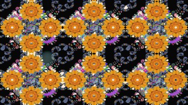 Siyah renklerde. Raster illüstrasyonu. Siyah renkte siyah papatya deseni.