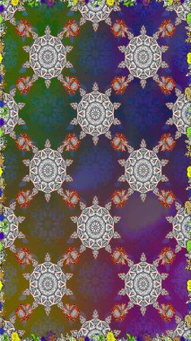 Çok renkli ve kahverengi zarif küçük çiçekler ve gri ve kahverengi renkli komik böcekler, raster deseni, illüstrasyon.