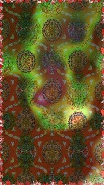 El çizimi çiçekli, soyut, pürüzsüz desen. Raster illüstrasyonu. Kahverengi ve yeşil renkte çiçekler.