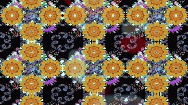 Düz Çiçek Elementleri Tasarımı. Güzel kumaş deseni. Renkli Bahar Teması eskiz kalıbı. Raster illüstrasyonu. Asya tekstil tarzında. Çiçek desenini çiz.