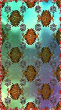 Düz Çiçek Elementleri Tasarımı. Yeşil ve kahverengi renkli çiçekler. Kusursuz çiçek deseni. Asya tekstil tarzında. Raster illüstrasyonu. Renkli Bahar Teması Kusursuz Arkaplan.